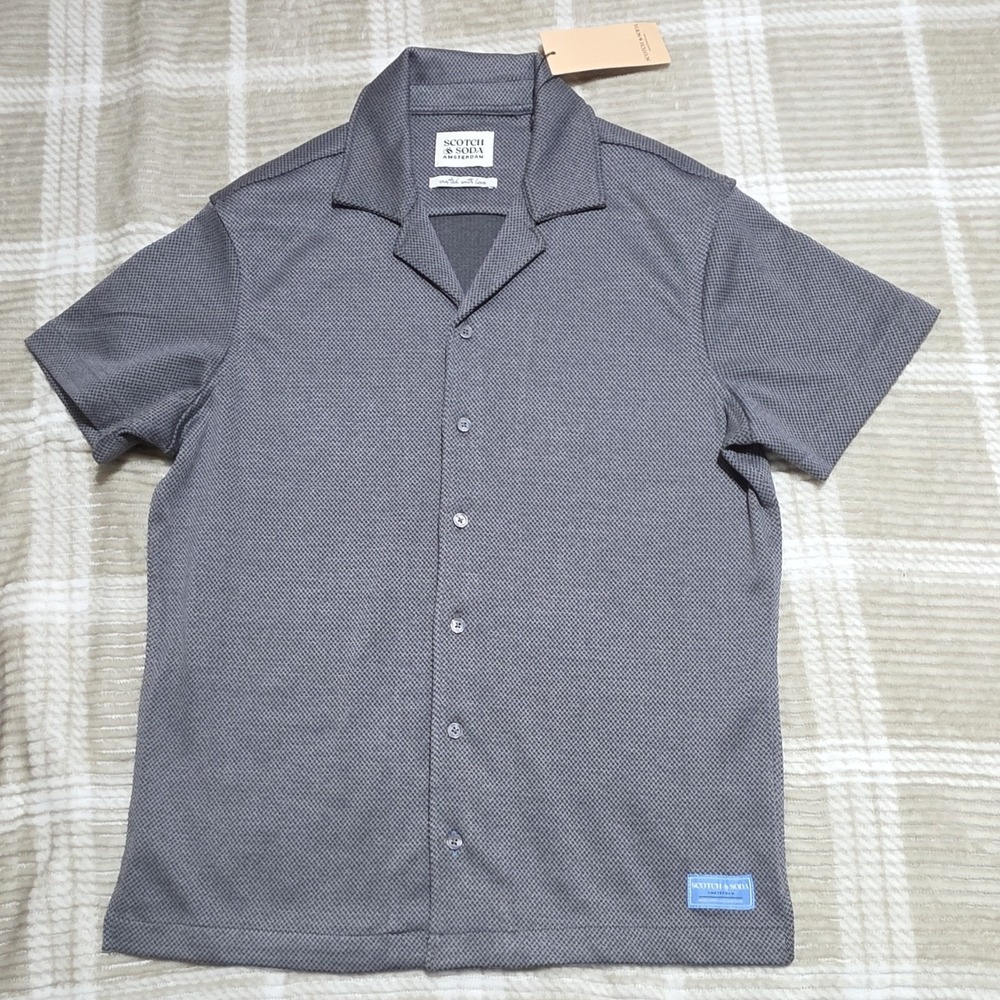 Scotch & Soda Gray Micro Pattern‎ Button-Up Shirt Camp Collar Short Sleeve S